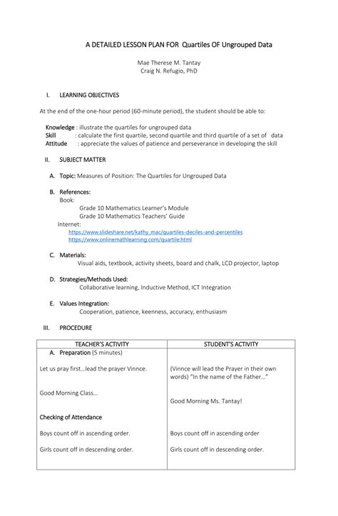 decile for ungrouped data lesson plan|A DETAILED LESSON PLAN FOR Quartiles OF .